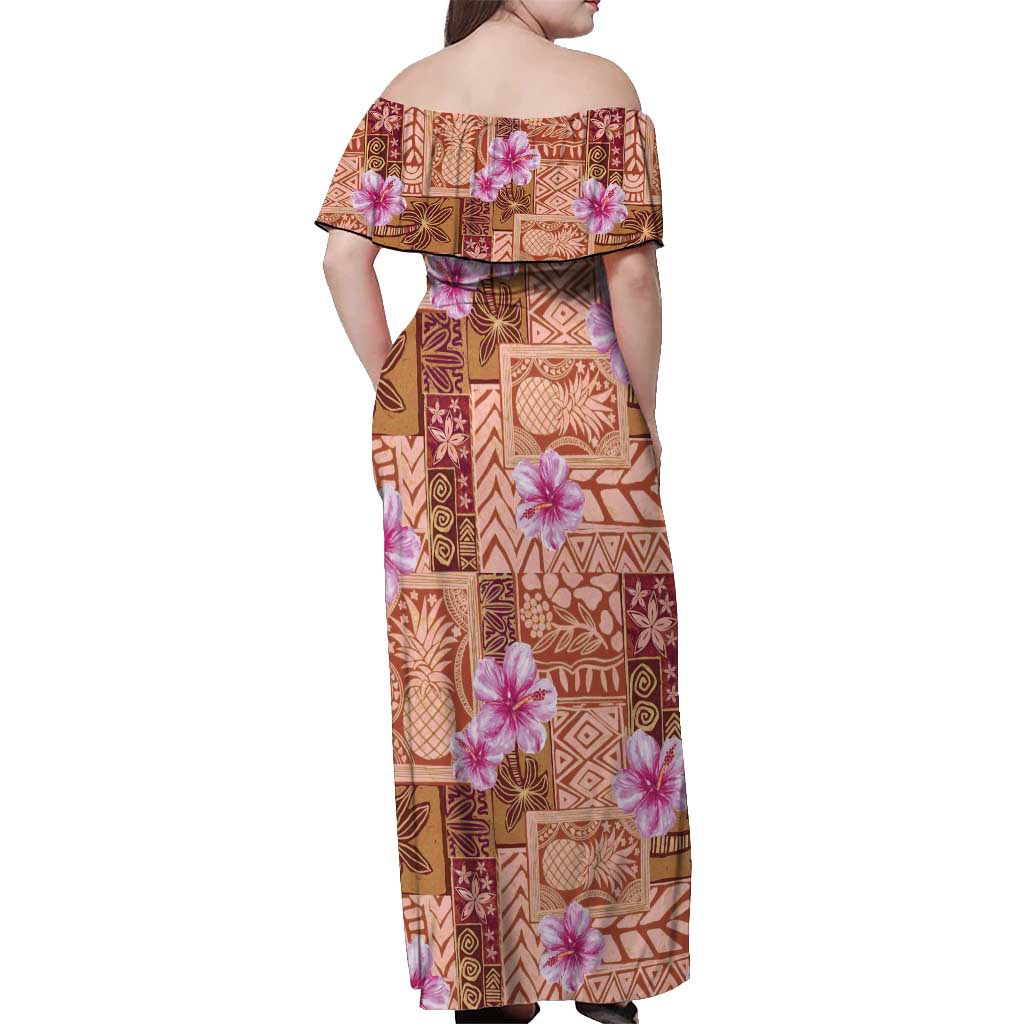 Orange Hawaii Hibiscus With Tropical Flowers Motifs Off Shoulder Maxi Dress LT14 - Polynesian Pride