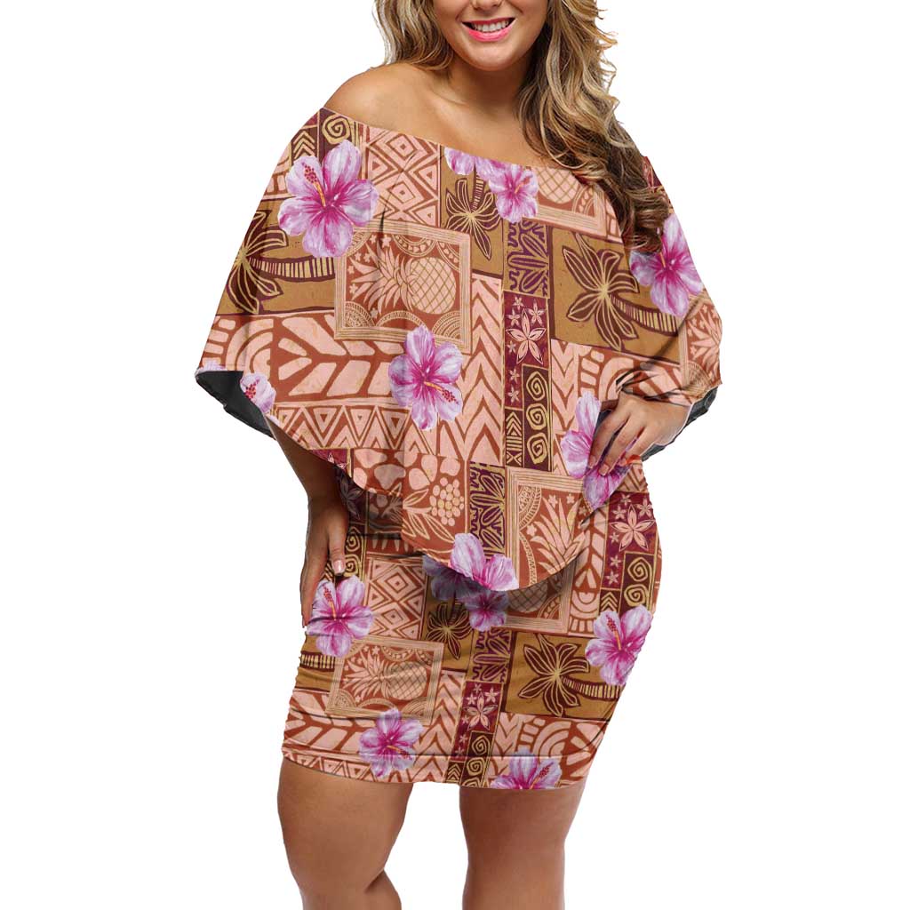 Orange Hawaii Hibiscus With Tropical Flowers Motifs Off Shoulder Short Dress LT14 Women Orange - Polynesian Pride