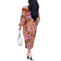 Orange Hawaii Hibiscus With Tropical Flowers Motifs Off The Shoulder Long Sleeve Dress LT14 - Polynesian Pride