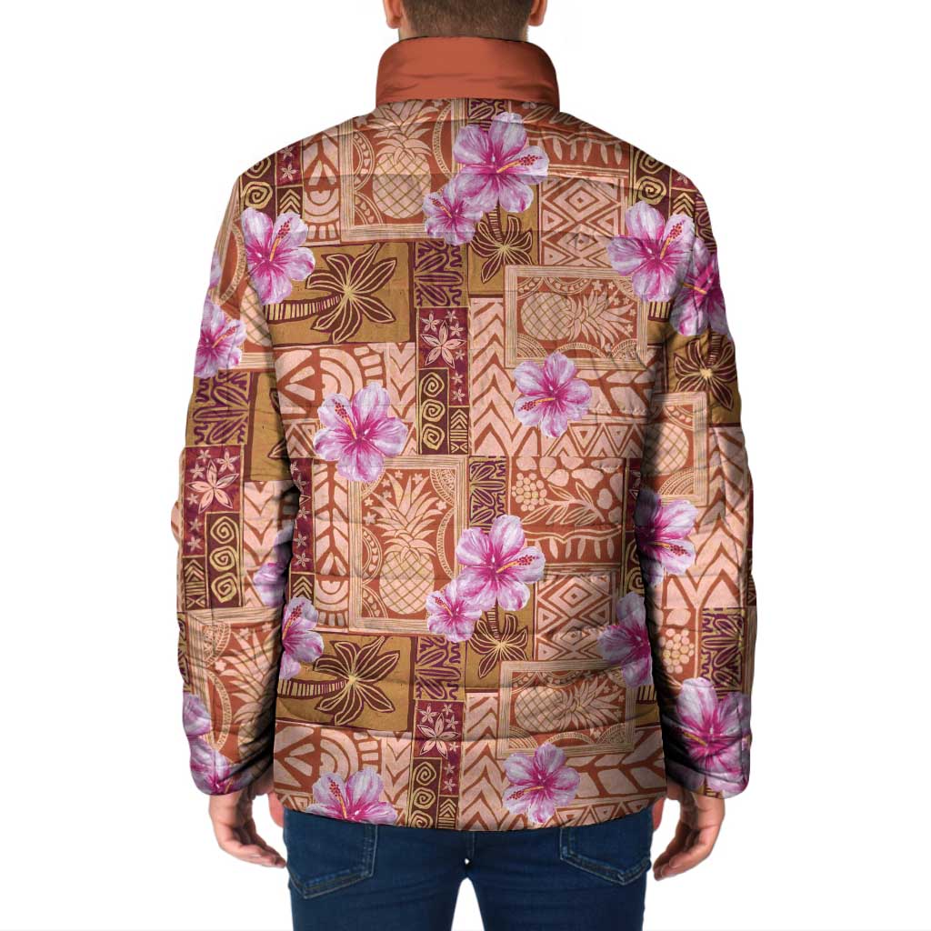 Orange Hawaii Hibiscus With Tropical Flowers Motifs Padded Jacket - Polynesian Pride