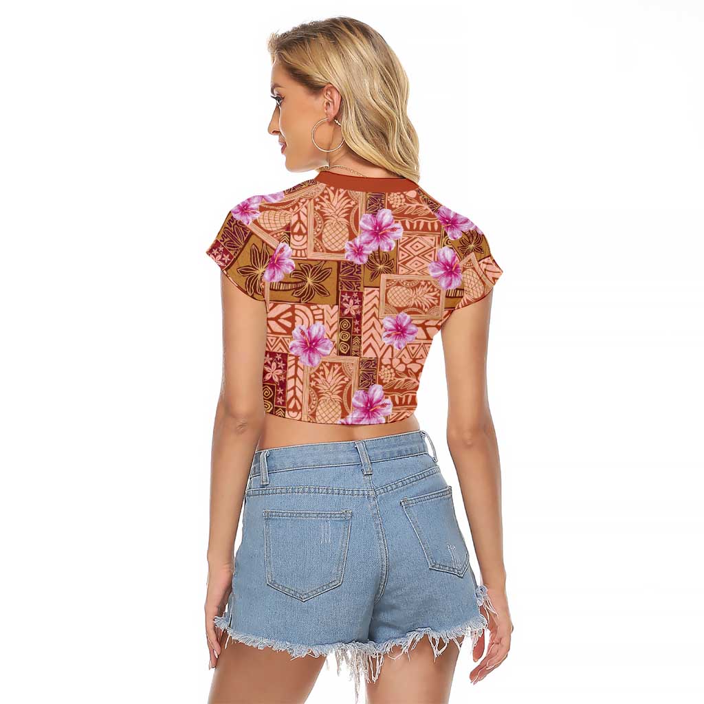Orange Hawaii Hibiscus With Tropical Flowers Motifs Raglan Cropped T Shirt - Polynesian Pride
