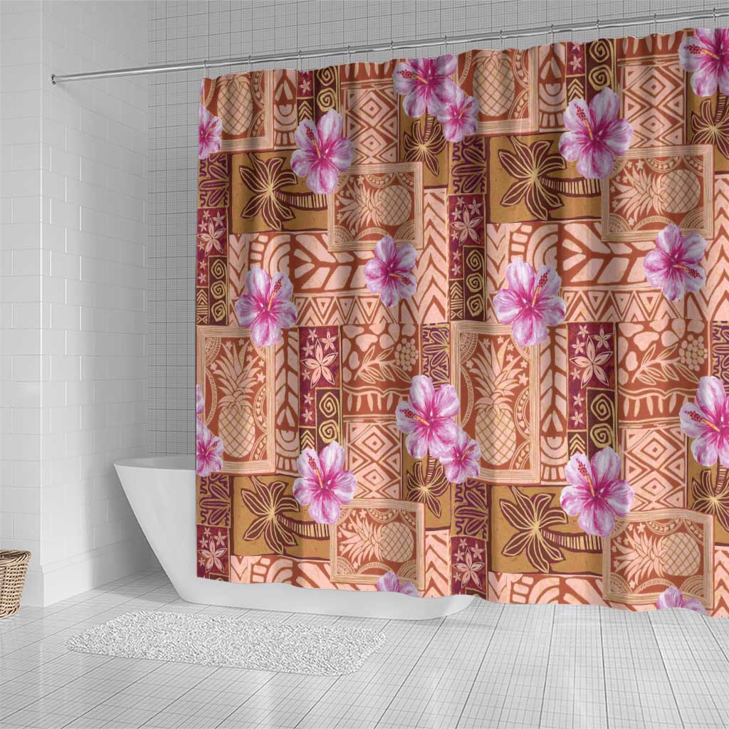 Orange Hawaii Hibiscus With Tropical Flowers Motifs Shower Curtain - Polynesian Pride