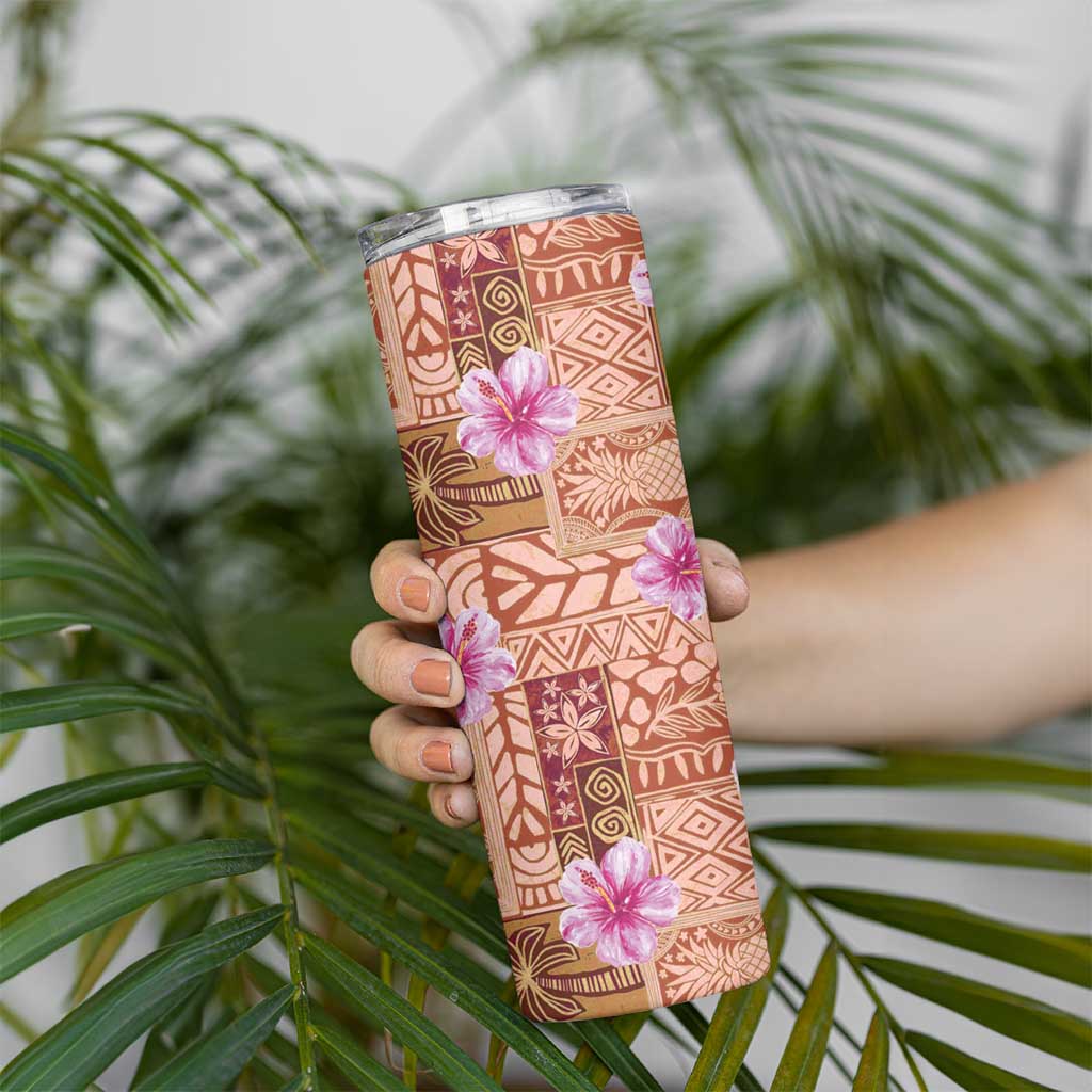 Orange Hawaii Hibiscus With Tropical Flowers Motifs Skinny Tumbler LT14 - Polynesian Pride