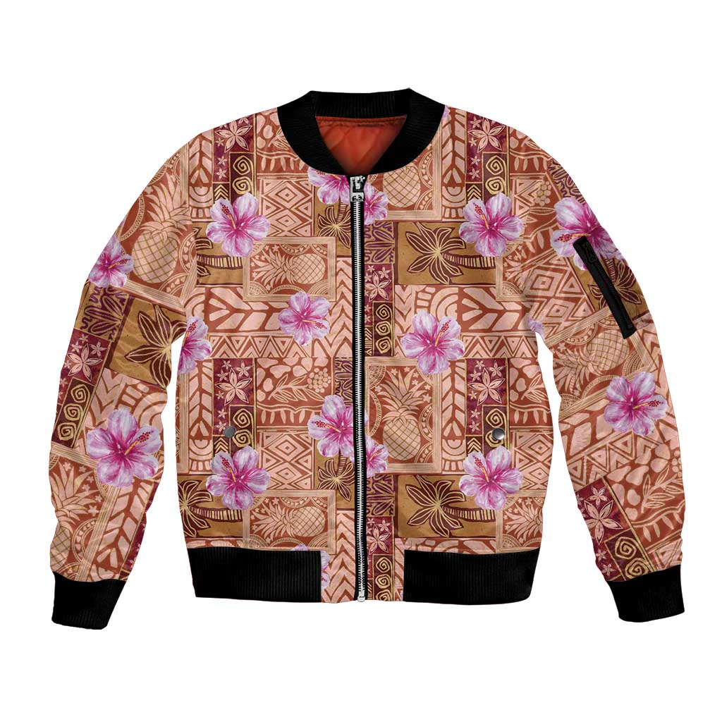 Orange Hawaii Hibiscus With Tropical Flowers Motifs Sleeve Zip Bomber Jacket LT14 Unisex Orange - Polynesian Pride