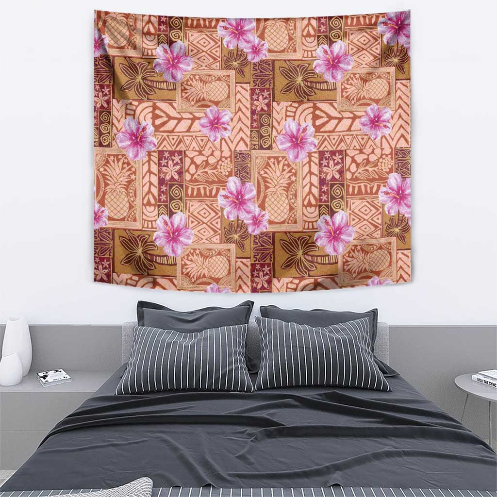 Orange Hawaii Hibiscus With Tropical Flowers Motifs Tapestry - Polynesian Pride
