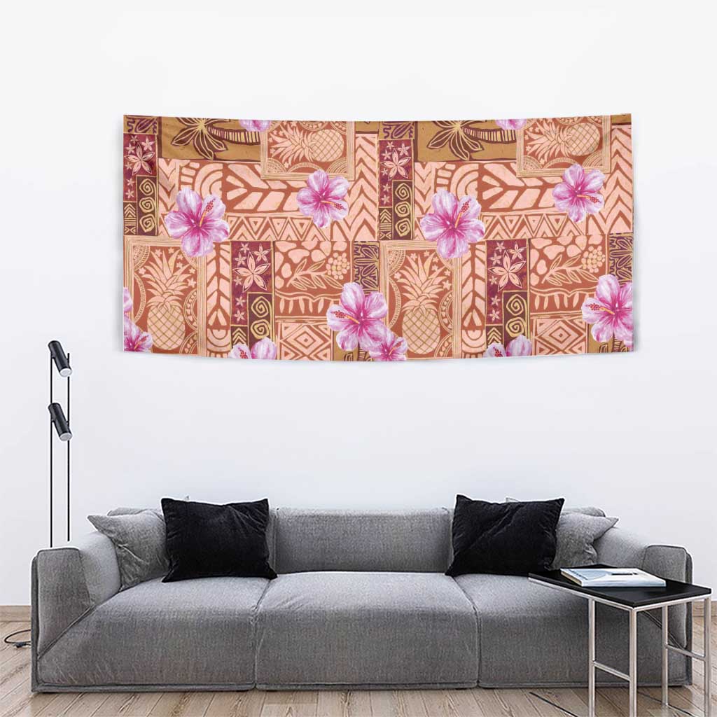 Orange Hawaii Hibiscus With Tropical Flowers Motifs Tapestry - Polynesian Pride