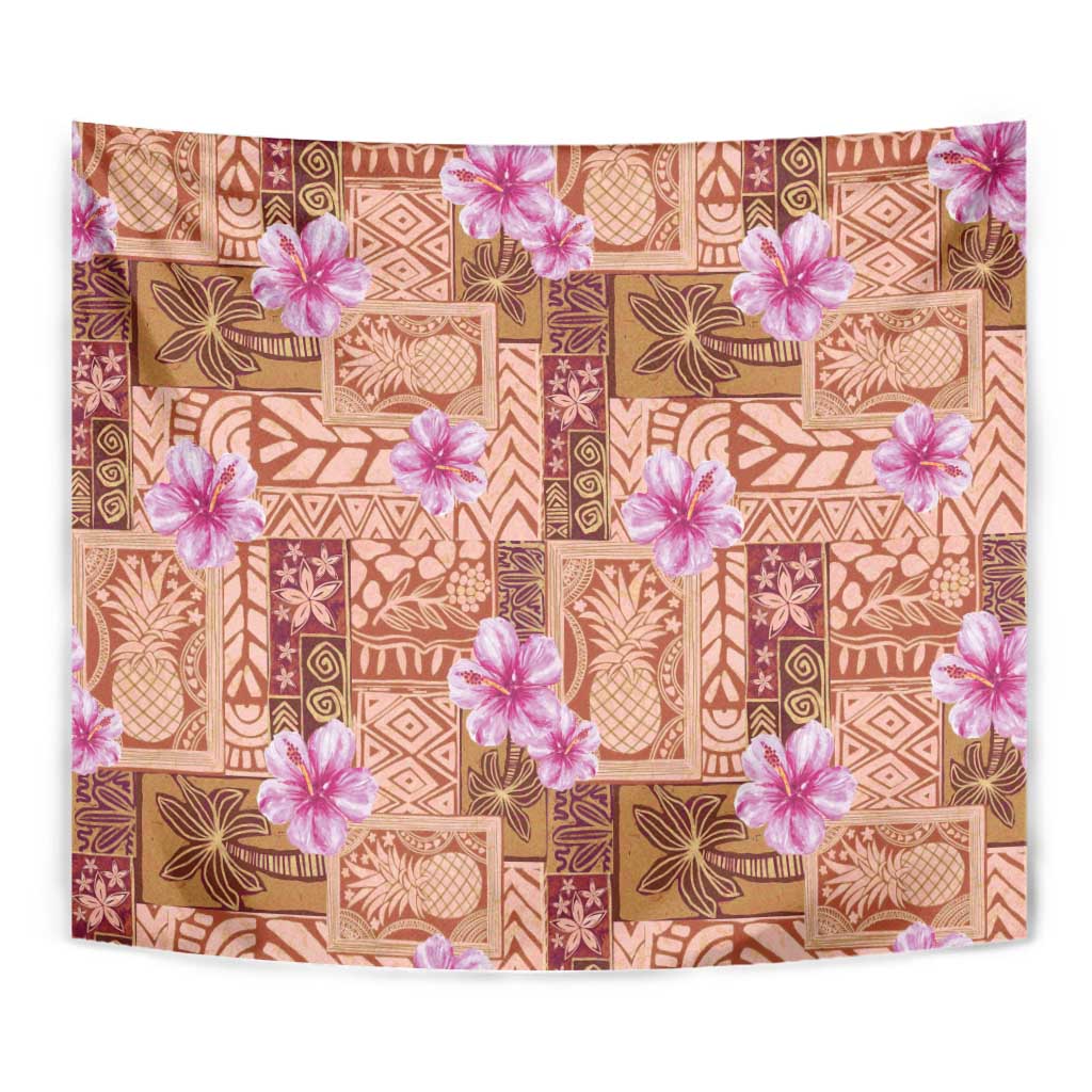 Orange Hawaii Hibiscus With Tropical Flowers Motifs Tapestry - Polynesian Pride