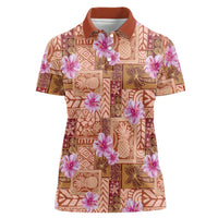 Orange Hawaii Hibiscus With Tropical Flowers Motifs Women Polo Shirt - Polynesian Pride