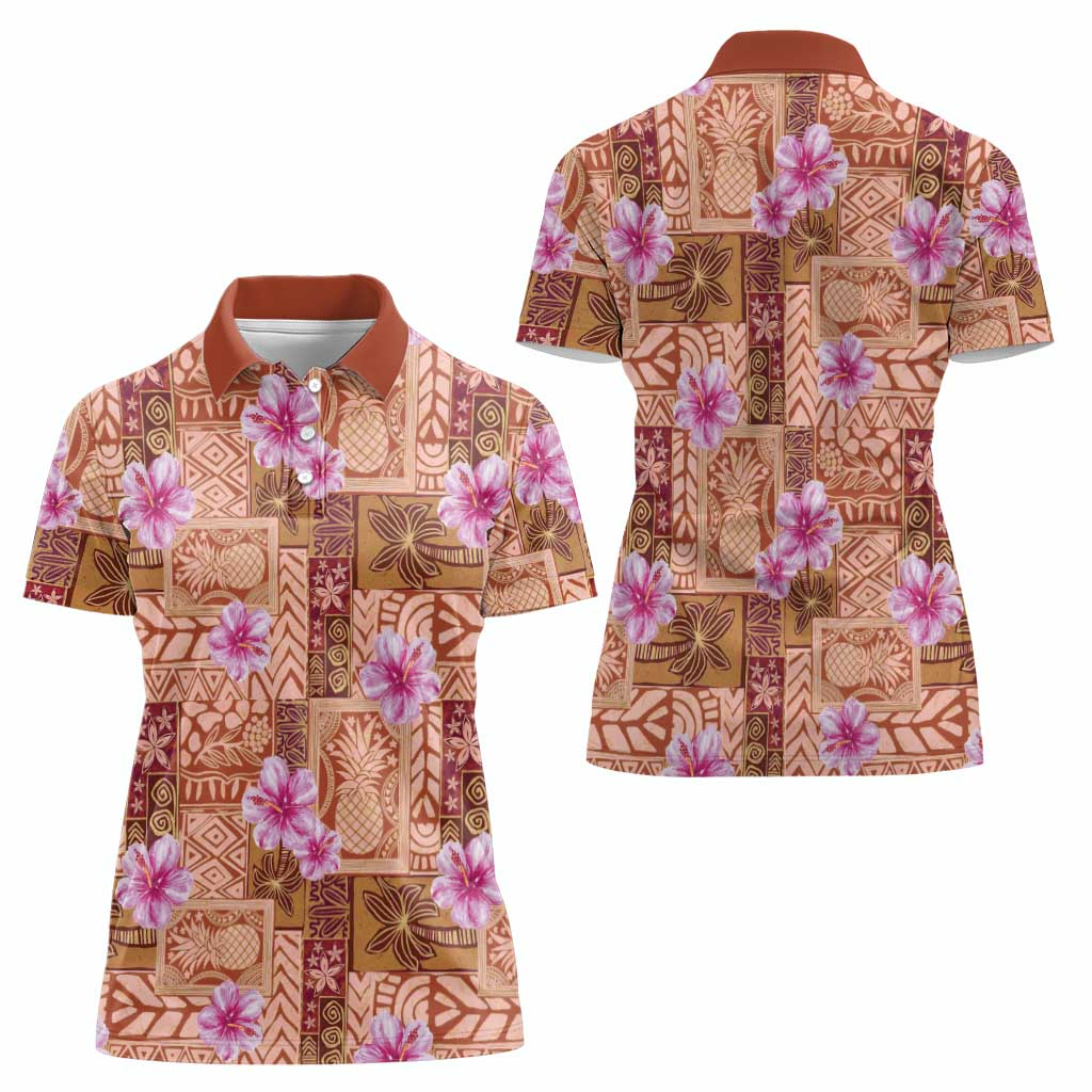 Orange Hawaii Hibiscus With Tropical Flowers Motifs Women Polo Shirt - Polynesian Pride
