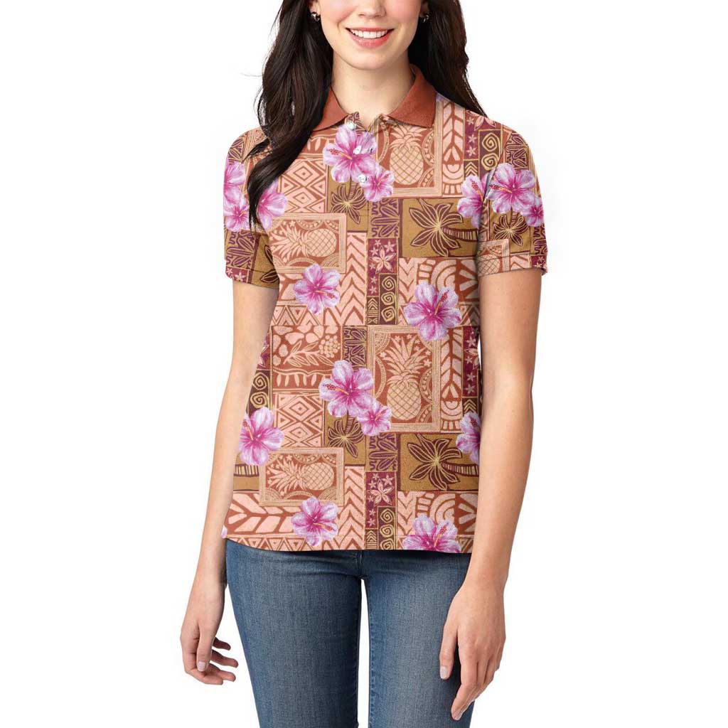 Orange Hawaii Hibiscus With Tropical Flowers Motifs Women Polo Shirt - Polynesian Pride