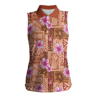 Orange Hawaii Hibiscus With Tropical Flowers Motifs Women Sleeveless Polo Shirt LT14 Female Orange - Polynesian Pride