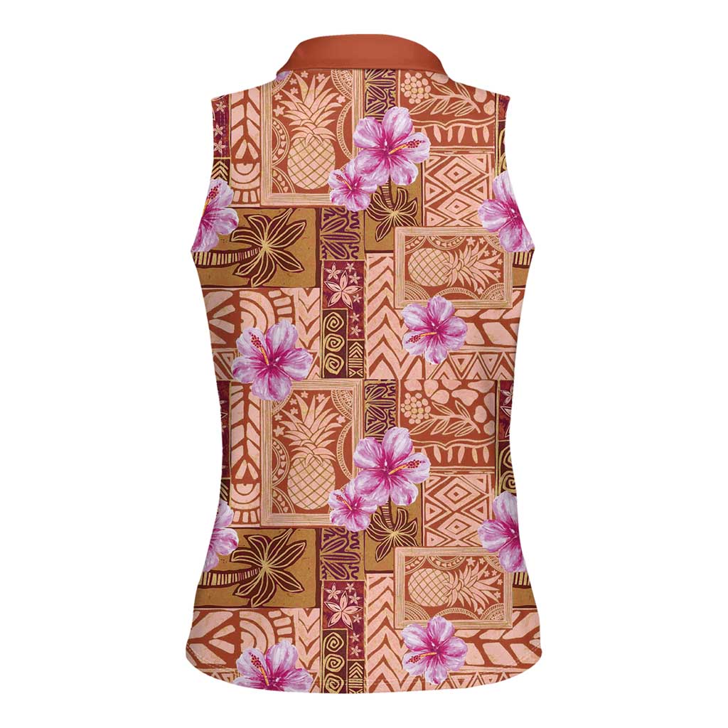 Orange Hawaii Hibiscus With Tropical Flowers Motifs Women Sleeveless Polo Shirt LT14 - Polynesian Pride