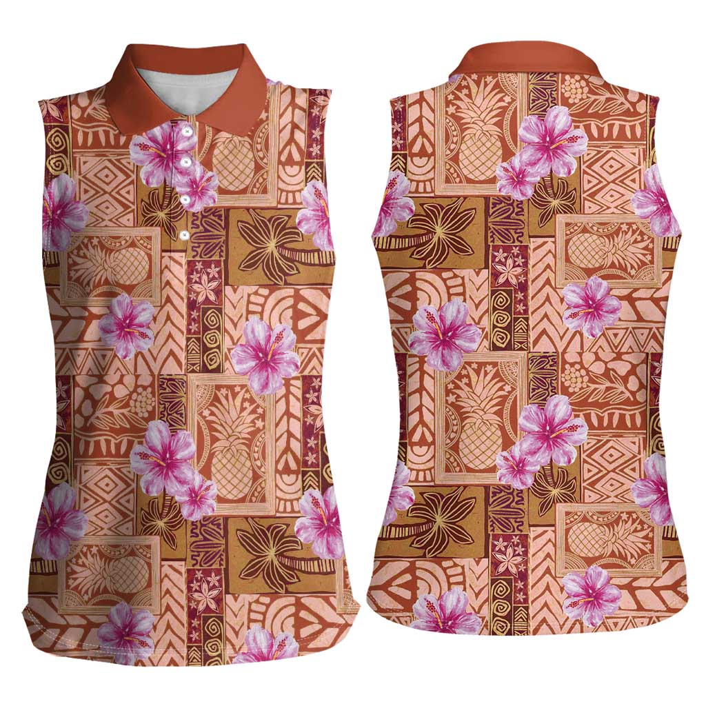 Orange Hawaii Hibiscus With Tropical Flowers Motifs Women Sleeveless Polo Shirt LT14 - Polynesian Pride