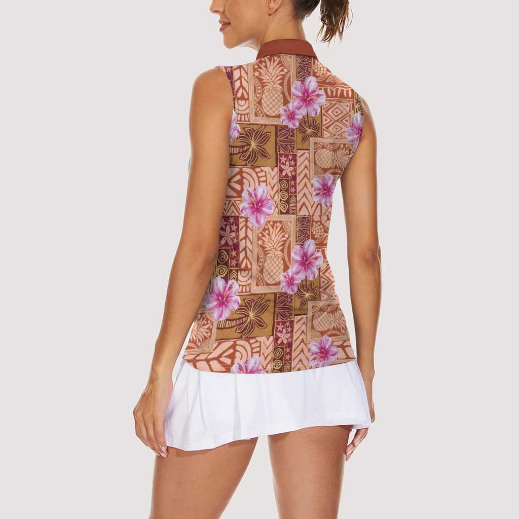 Orange Hawaii Hibiscus With Tropical Flowers Motifs Women Sleeveless Polo Shirt LT14 - Polynesian Pride