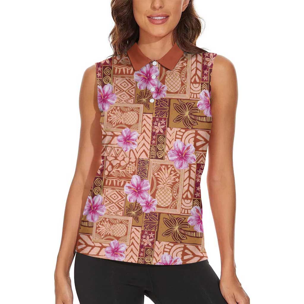 Orange Hawaii Hibiscus With Tropical Flowers Motifs Women Sleeveless Polo Shirt LT14 - Polynesian Pride