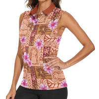 Orange Hawaii Hibiscus With Tropical Flowers Motifs Women Sleeveless Polo Shirt LT14 - Polynesian Pride