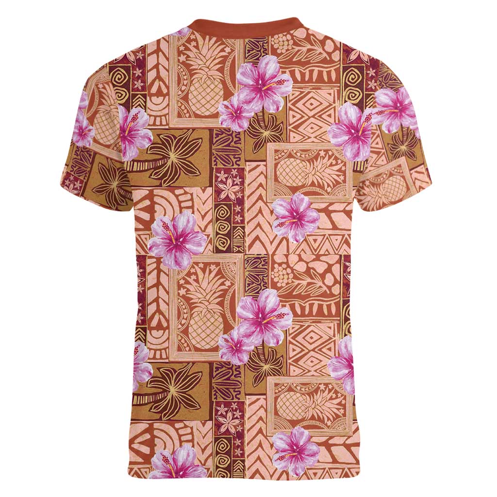 Orange Hawaii Hibiscus With Tropical Flowers Motifs Women V-Neck T-Shirt LT14 - Polynesian Pride