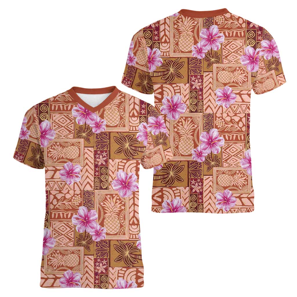 Orange Hawaii Hibiscus With Tropical Flowers Motifs Women V-Neck T-Shirt LT14 - Polynesian Pride