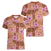 Orange Hawaii Hibiscus With Tropical Flowers Motifs Women V-Neck T-Shirt LT14 - Polynesian Pride
