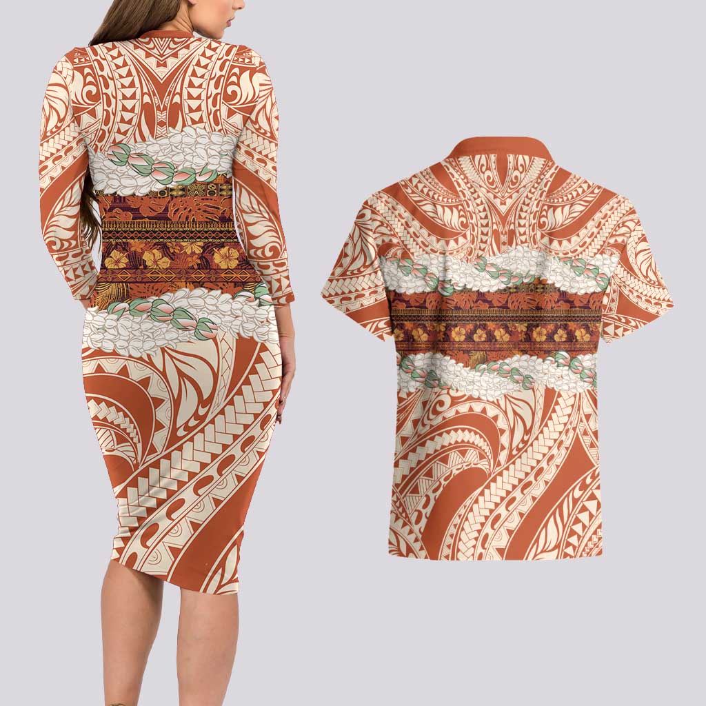 Aloha Hawaii Mikioi Lei Couples Matching Long Sleeve Bodycon Dress and Hawaiian Shirt Beige Tropical Flower Pattern LT14 - Polynesian Pride