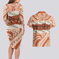 Aloha Hawaii Mikioi Lei Couples Matching Long Sleeve Bodycon Dress and Hawaiian Shirt Beige Tropical Flower Pattern LT14 - Polynesian Pride