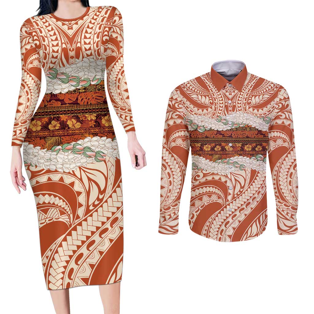 Aloha Hawaii Mikioi Lei Couples Matching Long Sleeve Bodycon Dress and Long Sleeve Button Shirt Beige Tropical Flower Pattern LT14 Beige - Polynesian Pride