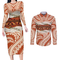 Aloha Hawaii Mikioi Lei Couples Matching Long Sleeve Bodycon Dress and Long Sleeve Button Shirt Beige Tropical Flower Pattern LT14 Beige - Polynesian Pride