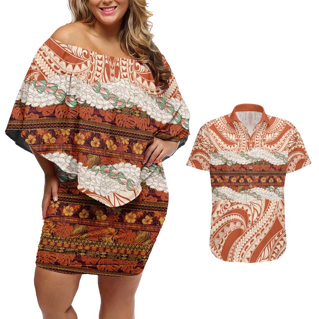 Aloha Hawaii Mikioi Lei Couples Matching Off Shoulder Short Dress and Hawaiian Shirt Beige Tropical Flower Pattern LT14 Beige - Polynesian Pride