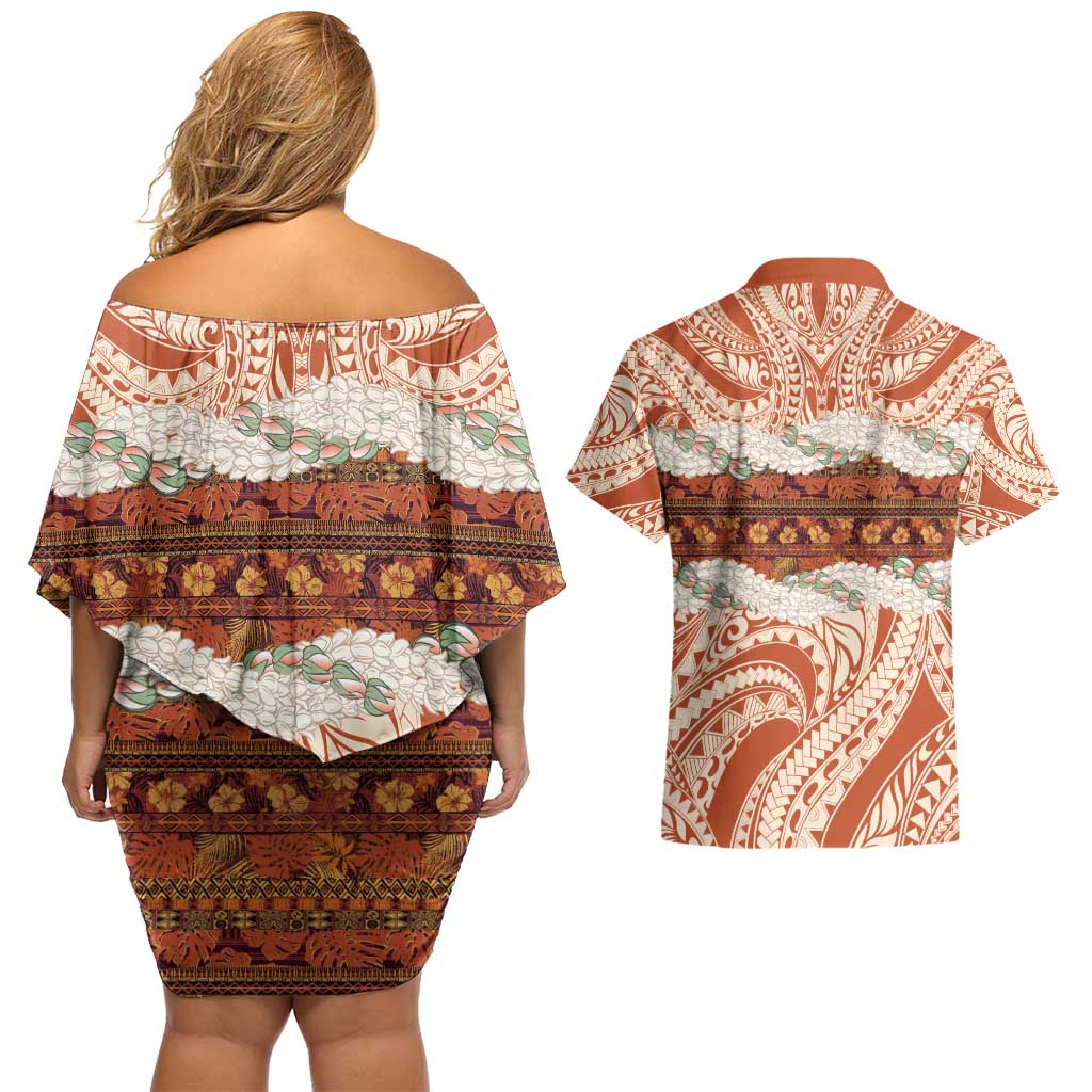 Aloha Hawaii Mikioi Lei Couples Matching Off Shoulder Short Dress and Hawaiian Shirt Beige Tropical Flower Pattern LT14 - Polynesian Pride
