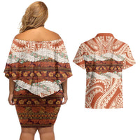Aloha Hawaii Mikioi Lei Couples Matching Off Shoulder Short Dress and Hawaiian Shirt Beige Tropical Flower Pattern LT14 - Polynesian Pride