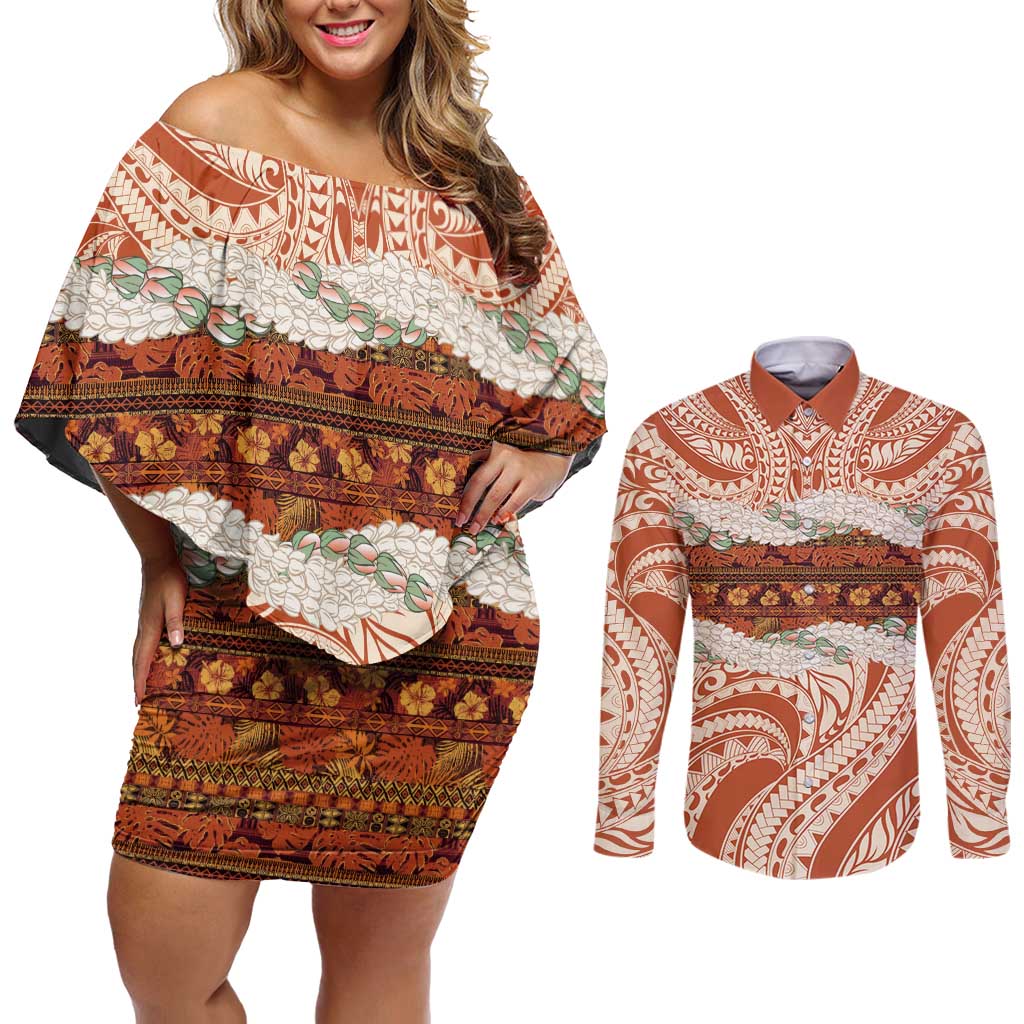 Aloha Hawaii Mikioi Lei Couples Matching Off Shoulder Short Dress and Long Sleeve Button Shirt Beige Tropical Flower Pattern - Polynesian Pride