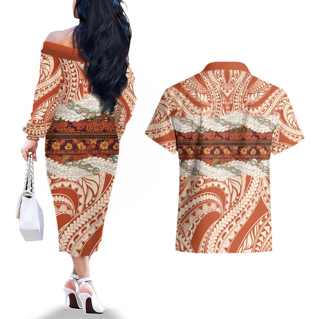 Aloha Hawaii Mikioi Lei Couples Matching Off The Shoulder Long Sleeve Dress and Hawaiian Shirt Beige Tropical Flower Pattern LT14 - Polynesian Pride