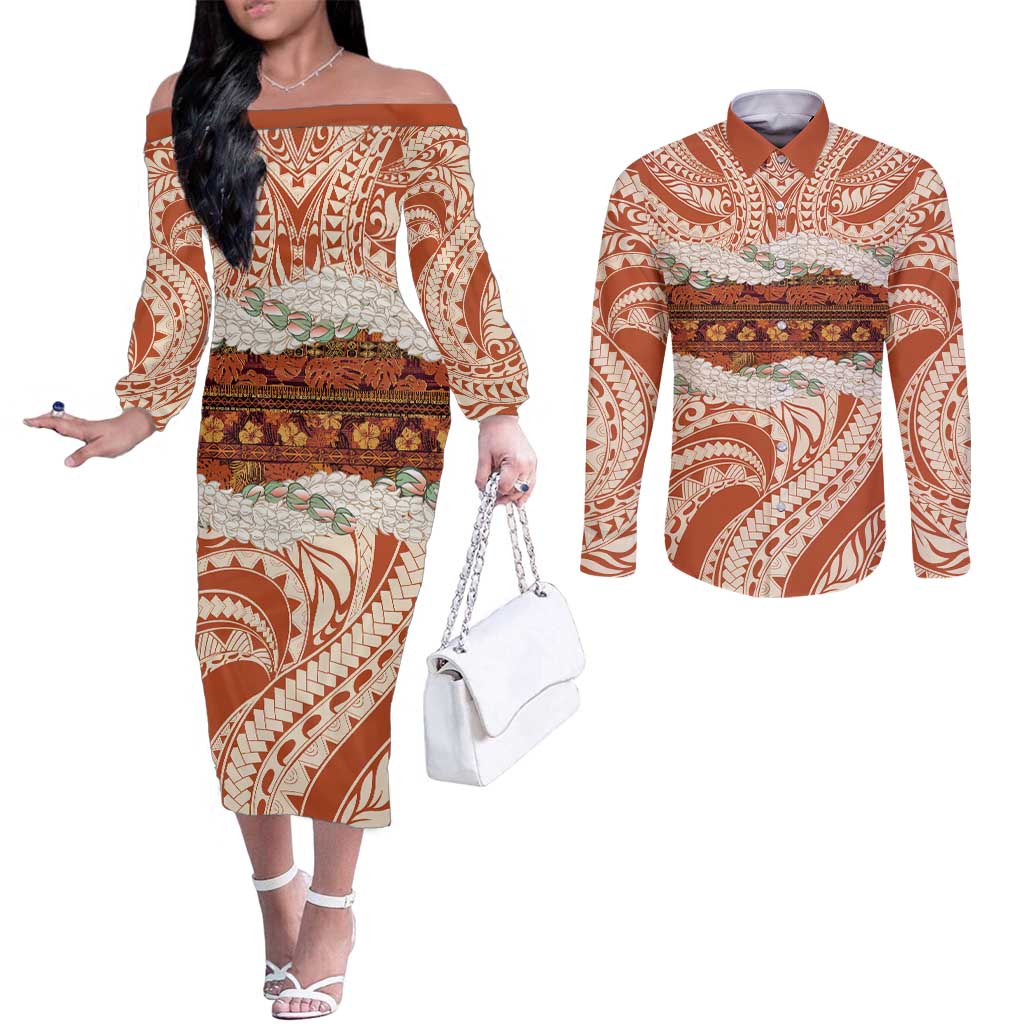 Aloha Hawaii Mikioi Lei Couples Matching Off The Shoulder Long Sleeve Dress and Long Sleeve Button Shirt Beige Tropical Flower Pattern LT14 Beige - Polynesian Pride
