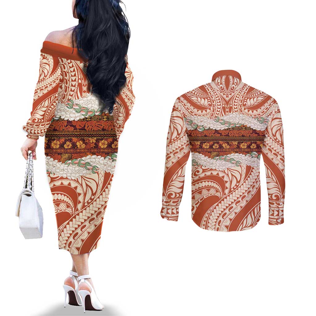 Aloha Hawaii Mikioi Lei Couples Matching Off The Shoulder Long Sleeve Dress and Long Sleeve Button Shirt Beige Tropical Flower Pattern LT14 - Polynesian Pride