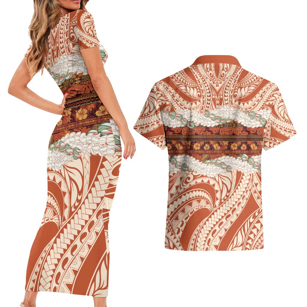 Aloha Hawaii Mikioi Lei Couples Matching Short Sleeve Bodycon Dress and Hawaiian Shirt Beige Tropical Flower Pattern LT14 - Polynesian Pride