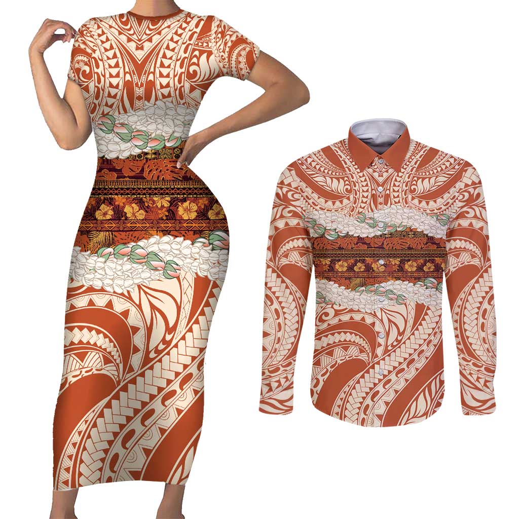 Aloha Hawaii Mikioi Lei Couples Matching Short Sleeve Bodycon Dress and Long Sleeve Button Shirt Beige Tropical Flower Pattern LT14 Beige - Polynesian Pride