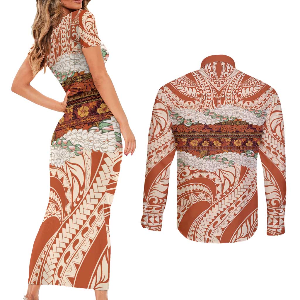 Aloha Hawaii Mikioi Lei Couples Matching Short Sleeve Bodycon Dress and Long Sleeve Button Shirt Beige Tropical Flower Pattern LT14 - Polynesian Pride
