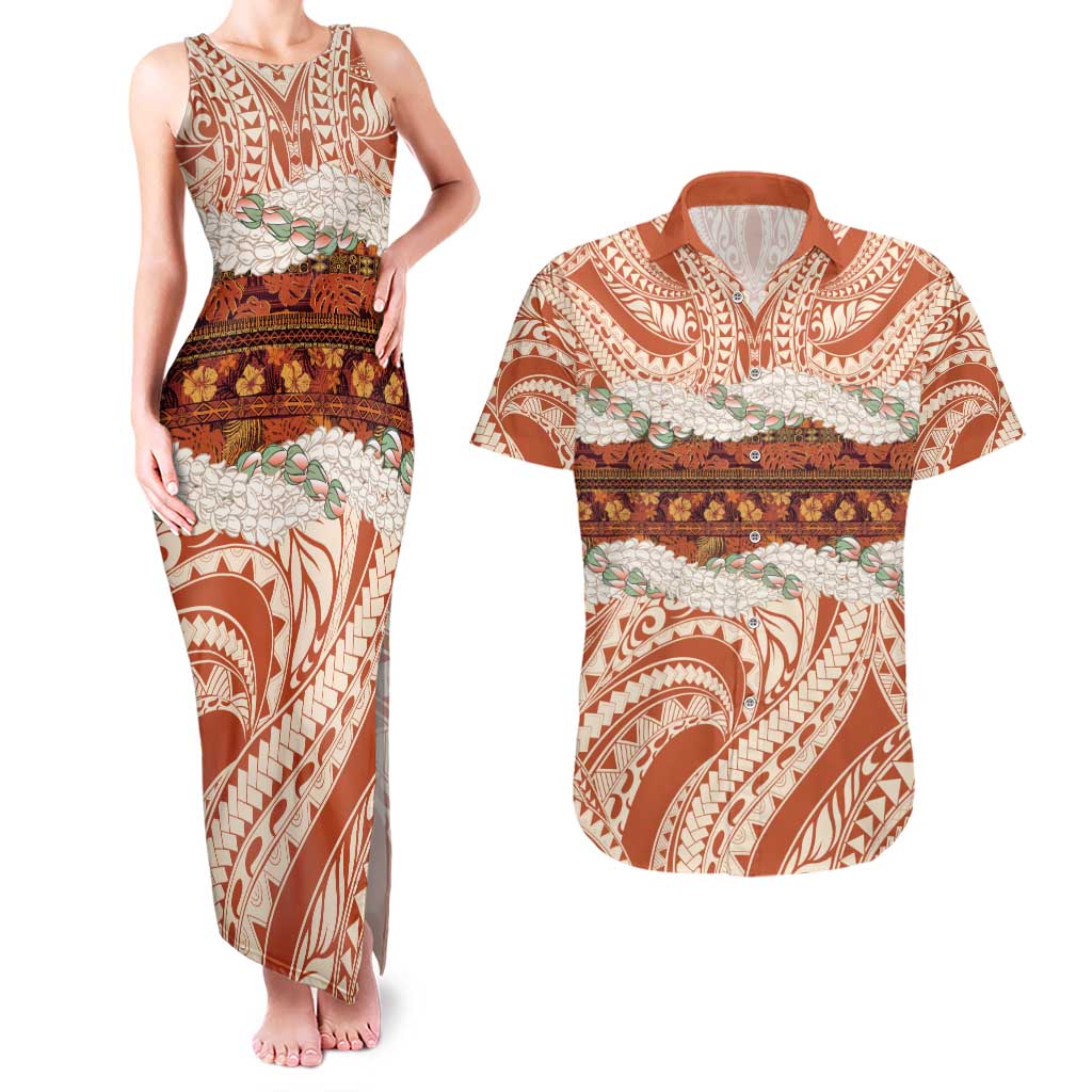 Aloha Hawaii Mikioi Lei Couples Matching Tank Maxi Dress and Hawaiian Shirt Beige Tropical Flower Pattern - Polynesian Pride