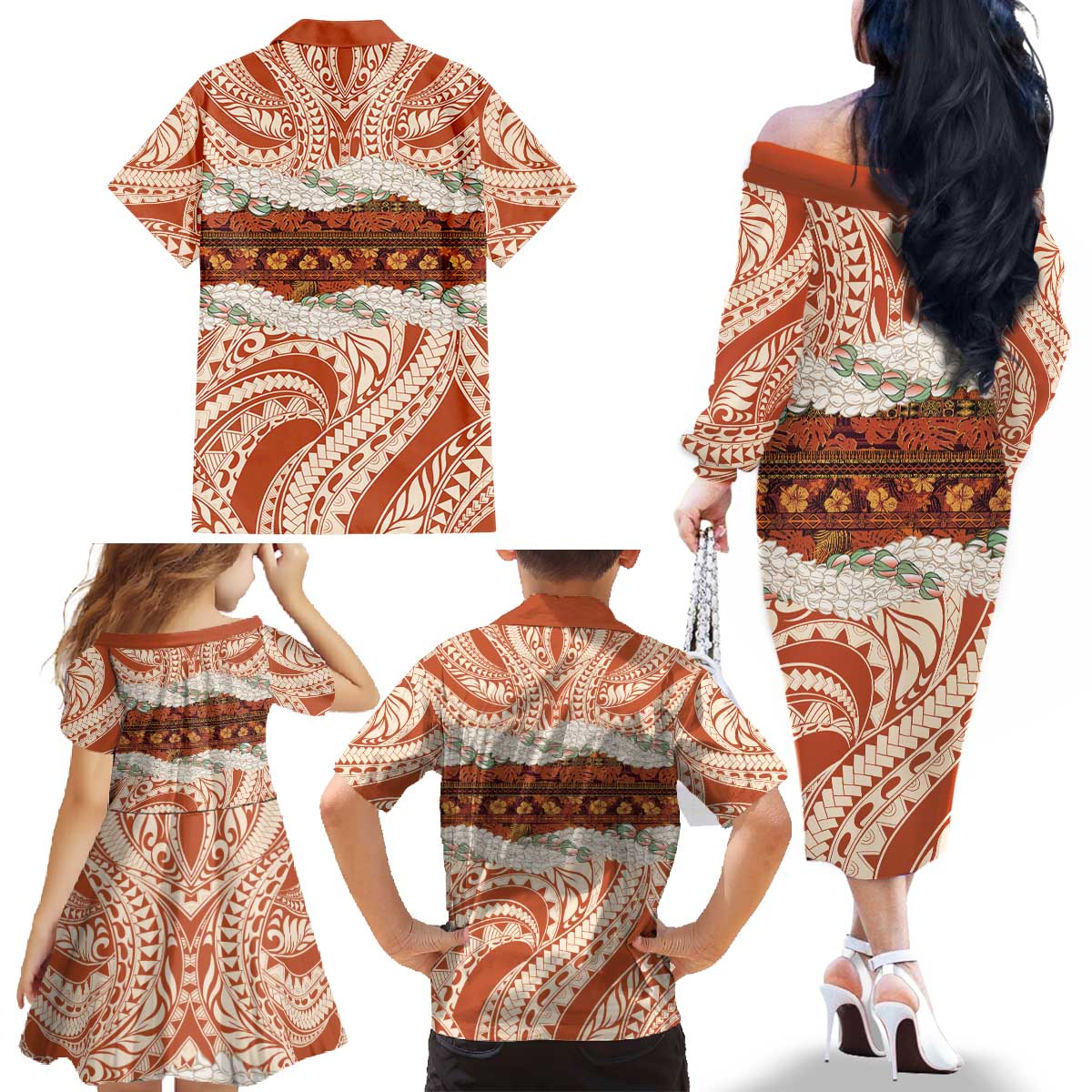 Aloha Hawaii Mikioi Lei Family Matching Off The Shoulder Long Sleeve Dress and Hawaiian Shirt Beige Tropical Flower Pattern LT14 - Polynesian Pride