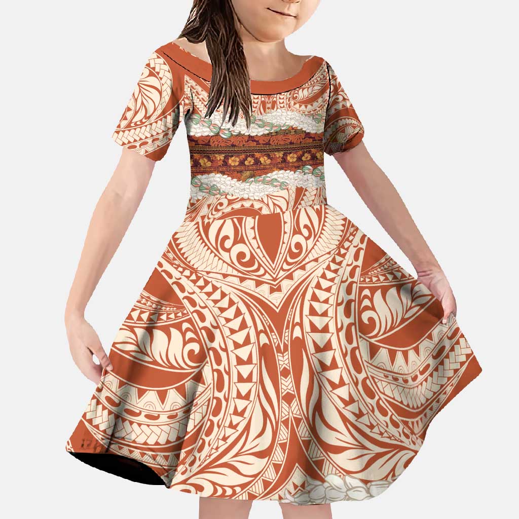 Aloha Hawaii Mikioi Lei Family Matching Off Shoulder Maxi Dress and Hawaiian Shirt Beige Tropical Flower Pattern LT14 Daughter's Dress Beige - Polynesian Pride