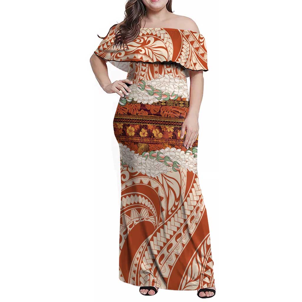 Aloha Hawaii Mikioi Lei Family Matching Off Shoulder Maxi Dress and Hawaiian Shirt Beige Tropical Flower Pattern LT14 Mom's Dress Beige - Polynesian Pride