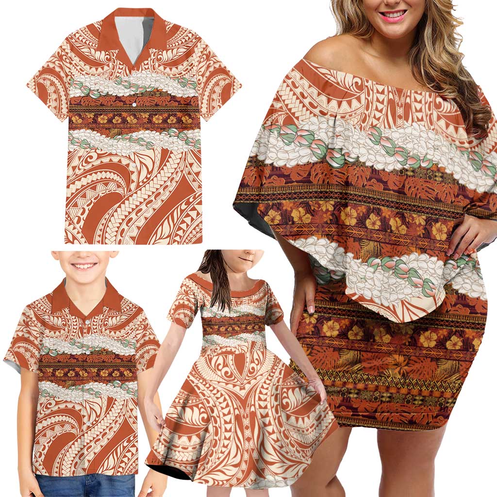 Aloha Hawaii Mikioi Lei Family Matching Off Shoulder Short Dress and Hawaiian Shirt Beige Tropical Flower Pattern LT14 - Polynesian Pride