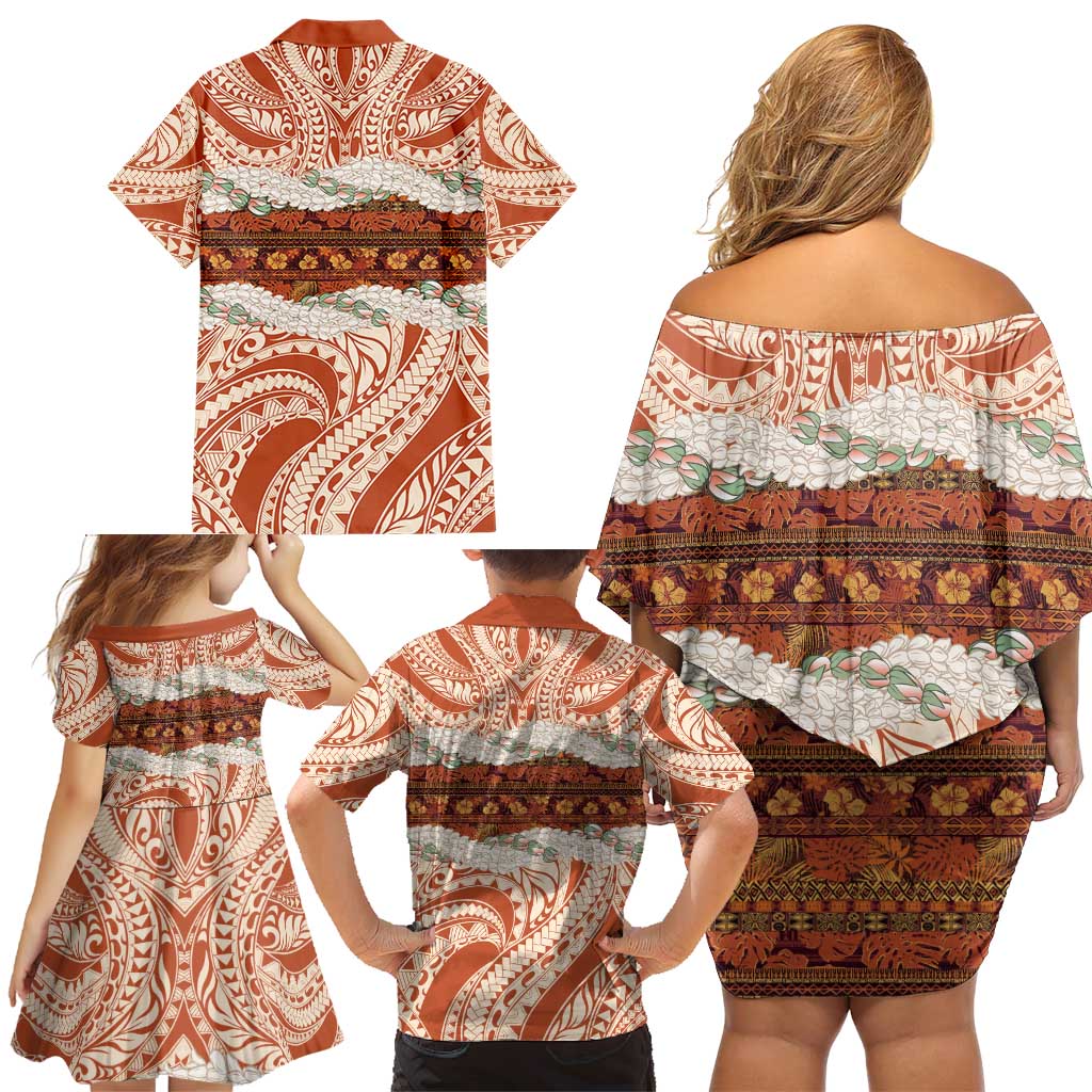 Aloha Hawaii Mikioi Lei Family Matching Off Shoulder Short Dress and Hawaiian Shirt Beige Tropical Flower Pattern LT14 - Polynesian Pride