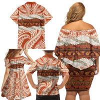 Aloha Hawaii Mikioi Lei Family Matching Off Shoulder Short Dress and Hawaiian Shirt Beige Tropical Flower Pattern LT14 - Polynesian Pride