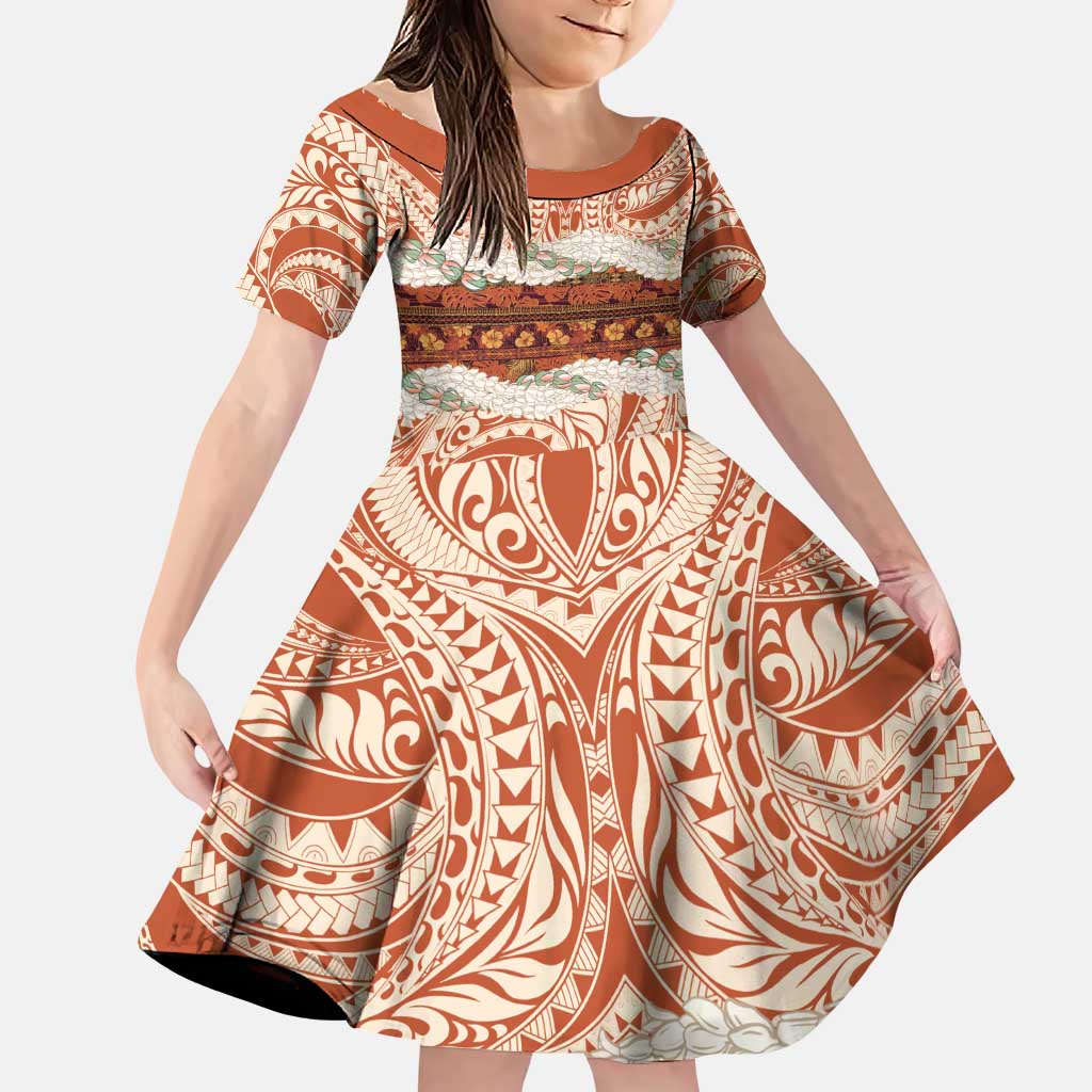 Aloha Hawaii Mikioi Lei Family Matching Puletasi and Hawaiian Shirt Beige Tropical Flower Pattern LT14 Daughter's Dress Beige - Polynesian Pride