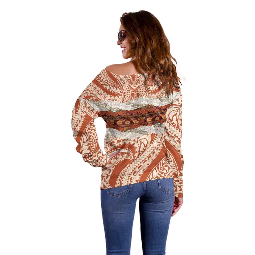 Aloha Hawaii Mikioi Lei Off Shoulder Sweater Beige Tropical Flower Pattern - Polynesian Pride