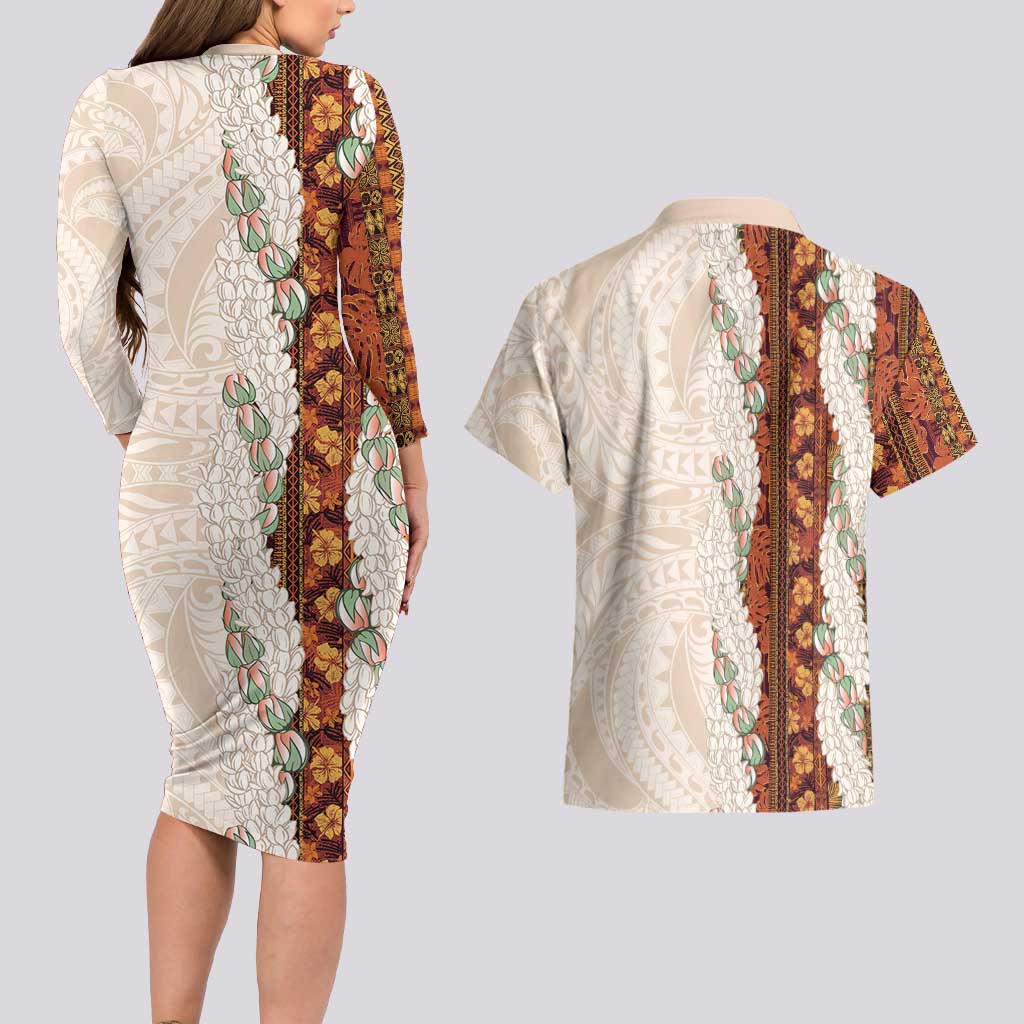 Aloha Hawaii Mikioi Lei Couples Matching Long Sleeve Bodycon Dress and Hawaiian Shirt Cattail Red Tropical Flower Pattern LT14 - Polynesian Pride