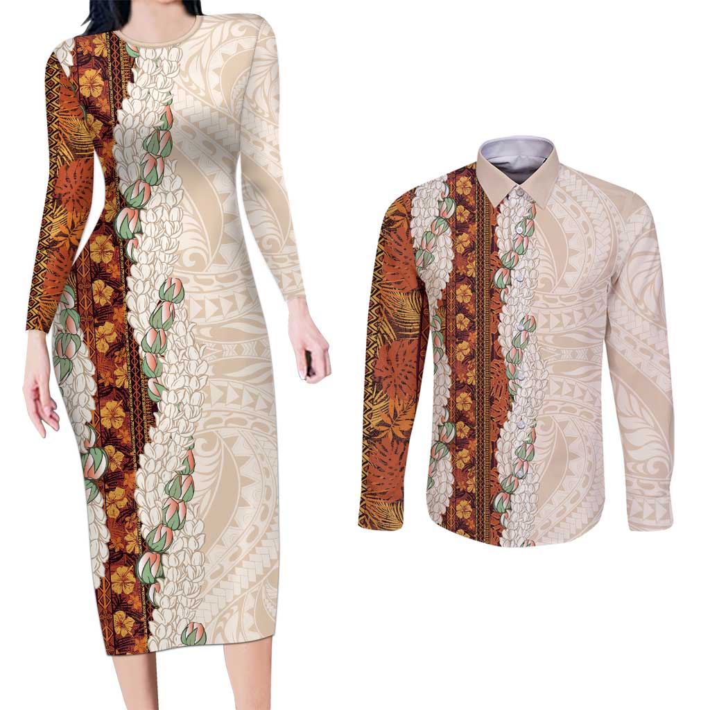 Aloha Hawaii Mikioi Lei Couples Matching Long Sleeve Bodycon Dress and Long Sleeve Button Shirt Cattail Red Tropical Flower Pattern LT14 Cattail Red - Polynesian Pride