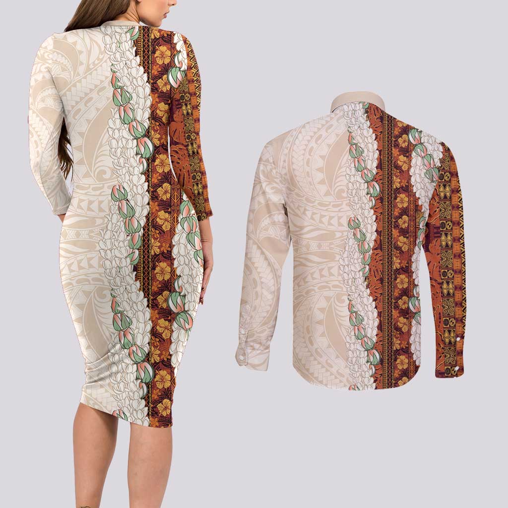 Aloha Hawaii Mikioi Lei Couples Matching Long Sleeve Bodycon Dress and Long Sleeve Button Shirt Cattail Red Tropical Flower Pattern LT14 - Polynesian Pride