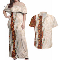 Aloha Hawaii Mikioi Lei Couples Matching Off Shoulder Maxi Dress and Hawaiian Shirt Cattail Red Tropical Flower Pattern LT14 Cattail Red - Polynesian Pride